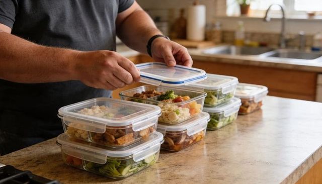 Man preparing and closing clear plastic meal containers on kitchen counter