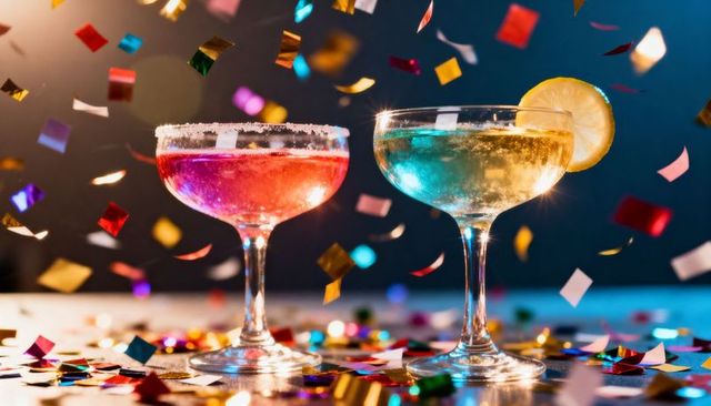 Sparkling coupes holding colorful cocktails, confetti falling, festive celebration
