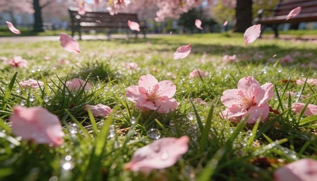 Dew-kissed cherry blossom petals resting on grass with bokeh park bench and pastel glow