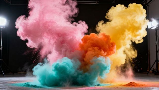 Bursts of Multicolor Powder Plume Backlit in Studio for Vibrant Abstract Backgrounds