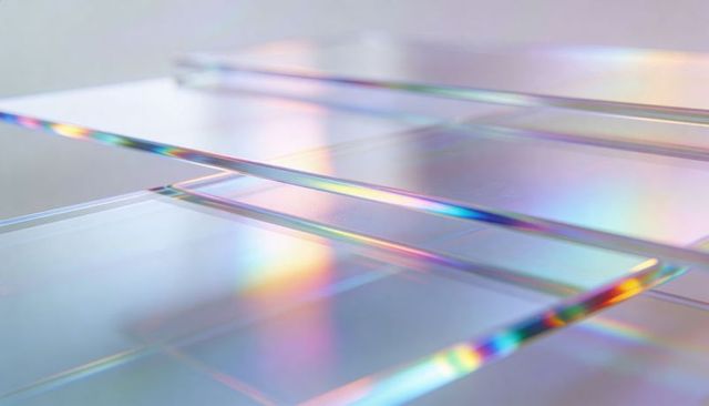 Iridescent glass panels refracting pastel light, layered prismatic grid composition