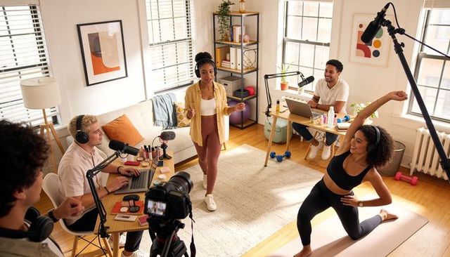 Producing live-stream fitness class in bright home studio with dslr, boom mic, crew