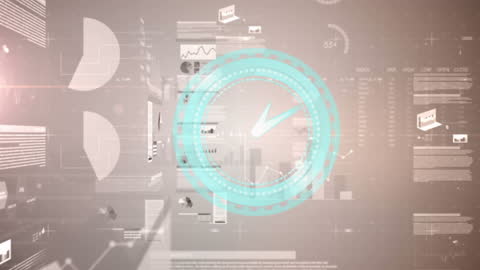 Digital Clock Animation with Statistics Overlay on Cityscape