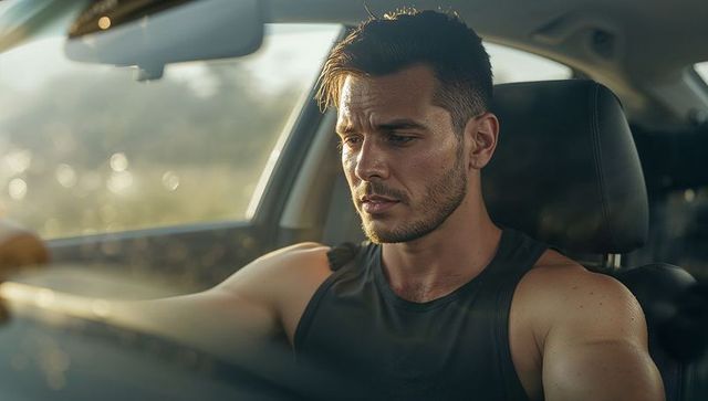 Focused driver studying dashboard and steering wheel with sunlight glinting