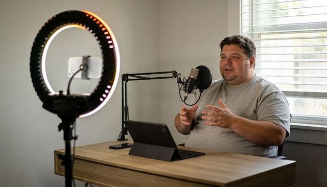 Home Podcast Recording Setup with Ring Light and Microphone, Creator Speaking