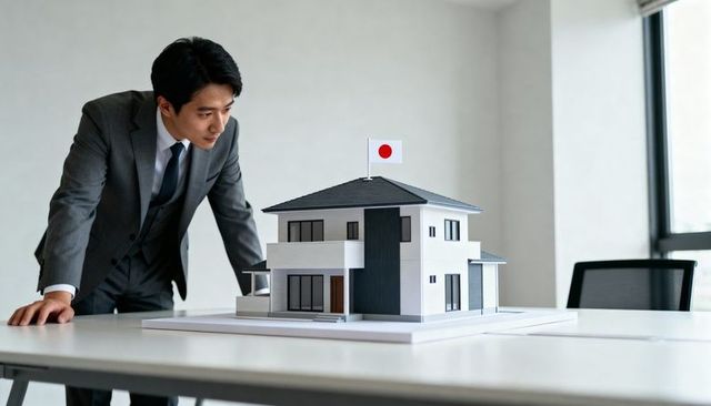 Real estate developer inspecting japanese house scale model with national flag in office meeting
