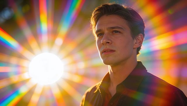 Young man gazing into radiant sunset with rainbow prism flares and rimlit portrait