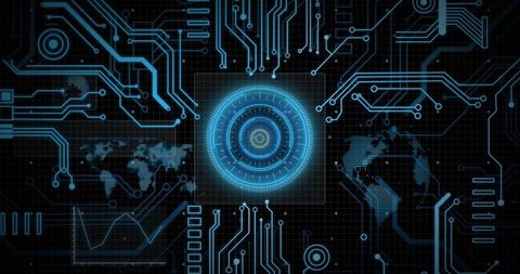 Rotating Holographic Interface with Cyan Circuit Traces and Global Data Visualization