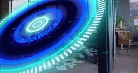 Blue Holographic Interface Swirling Over Man Reclining on Office Floor Behind Glass Panel