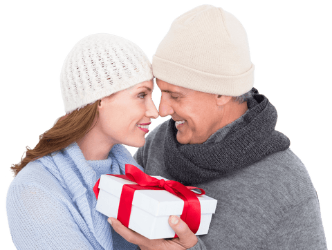 Happy Couple Exchanging Gift Wearing Winter Clothing with Transparent Background