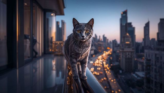 Grey Tabby Cat Walking on Balcony Railing at Dusk Over City Skyline with Bokeh Lights