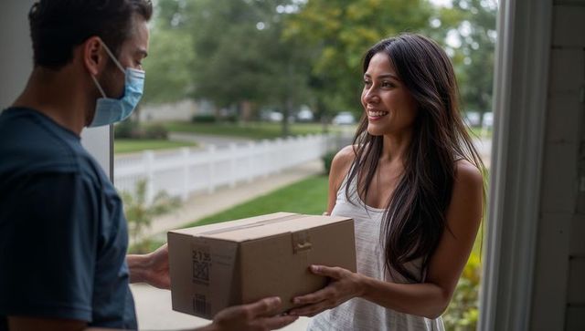 Smiling woman accepting package at front porch while masked courier handing box for online order
