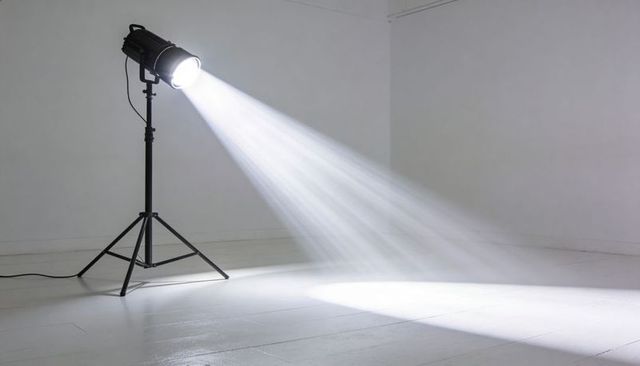 Studio spotlight casting dramatic cone of light on glossy white floor with tripod stand and shadow