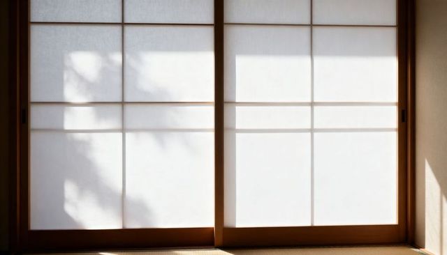 Sunlit Shoji Sliding Doors Tatami Mat Minimalist Japanese Room Serene Morning Light
