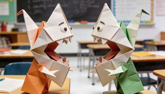 Facing origami monster puppets on classroom desks inspiring paper craft creativity