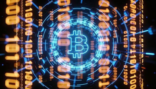 Pulsing bitcoin symbol rotating in neon blockchain rings with streaming binary code