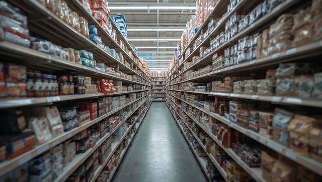 Symmetrical supermarket aisle leading to vanishing point, stocked grocery shelves
