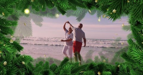 Elderly Couple Dancing on Beach with Festive Fir Tree Frame Overlay
