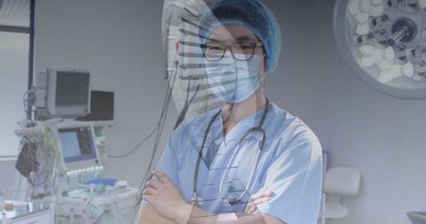 Confident surgeon in operating room with medical technology