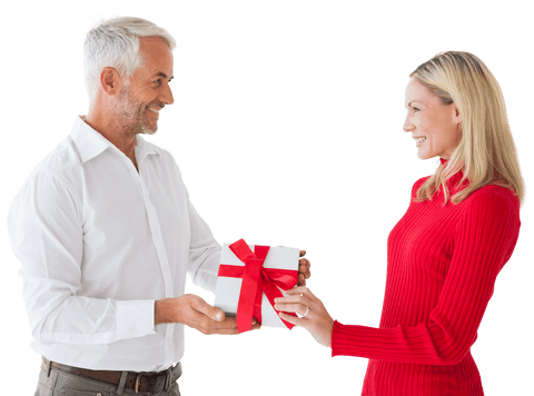 Happy Caucasian Couple Exchanging Gift on Transparent Background