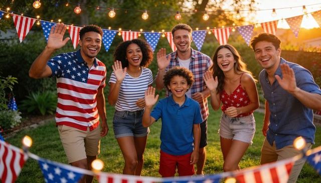 Diverse friends waving at fourth of july backyard party with patriotic lights and bunting