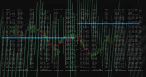 Stock market candlestick chart with green data overlay