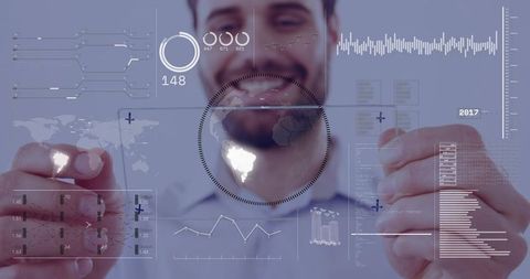 Businessman interacting with holographic analytics dashboard showing South America data