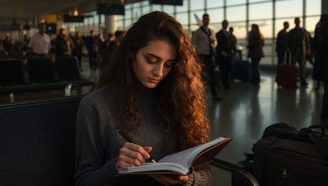 Young woman writing travel journal on airport bench during golden hour, carry-on beside