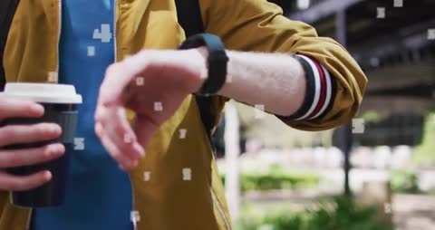 Urban Commuter Engaging with Smartwatch while Enjoying Coffee
