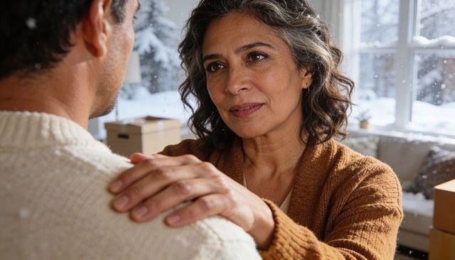 Middle-aged woman comforting partner holding shoulders in cozy snowy home interior