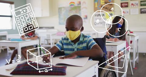 Diverse classroom learning with illustrative math elements and face masks