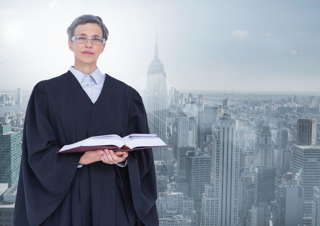 Digital composite of Judge holding book in front of city
