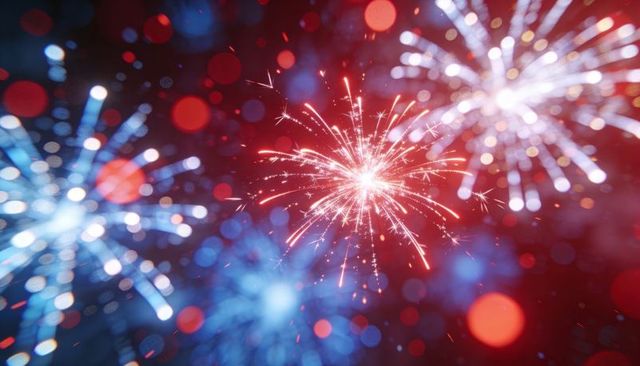 Bursting crimson firework radiating spark trails with blue bokeh for festive night