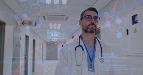 Doctor walking hospital corridor wearing lab coat and stethoscope with ar medical data overlay