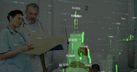 Healthcare Professionals Analyzing Patient Data with Digital Overlay