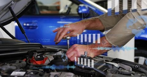 Mechanic repairing car engine with ratchet and digital diagnostic overlays