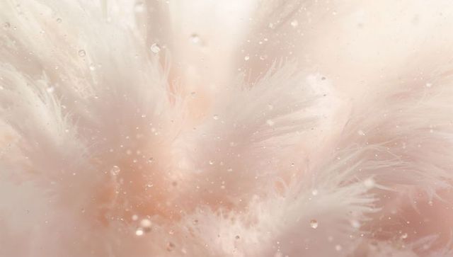 Glistening dew on pale blush feathers presenting soft pastel macro plume texture