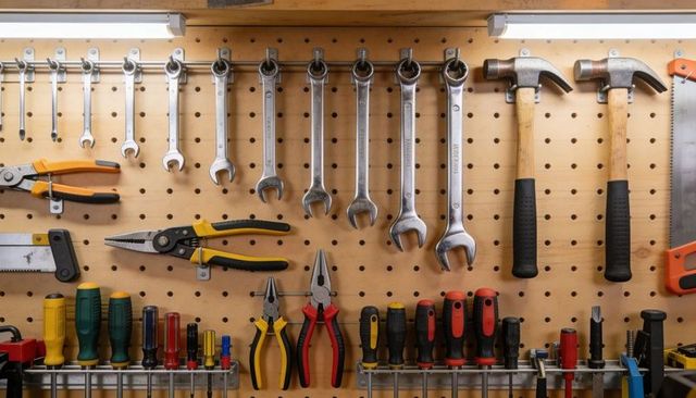 Organized workshop pegboard displaying wrenches, hammers, pliers and screwdrivers on wall