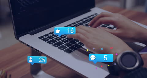 Person Typing on Laptop with Floating Social Media Notifications
