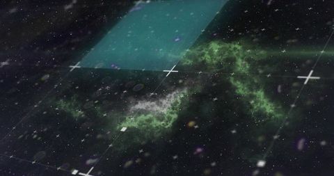 Holographic space grid with green nebula filament, teal data plane and crosshair scanlines