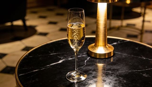Bubbling champagne flute catching warm lamp glow on black marble table in luxe lounge