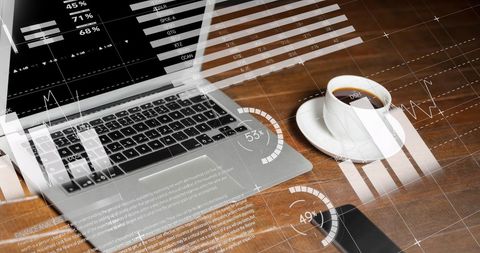 Laptop with Coffee and Overlay of Analytical Graphs - Download Free Stock Images Pikwizard.com