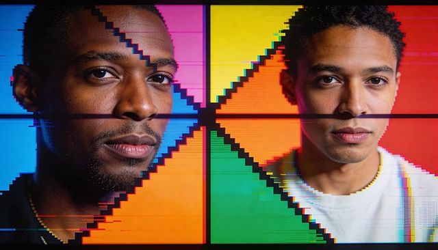 Studio dual portraits facing forward with glitchy led cross and neon color panels