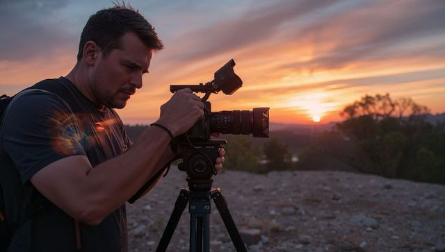 Cameraman Adjusting Equipment During Serene Sunset Outdoors