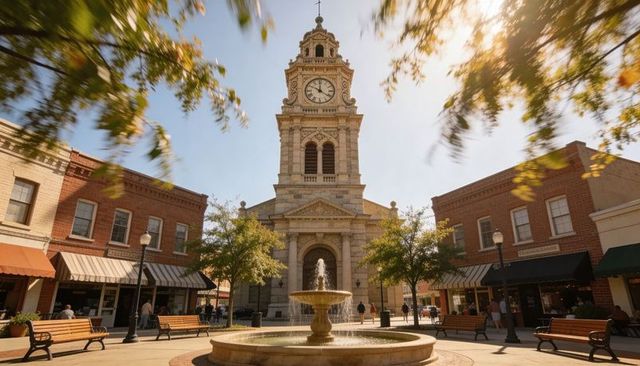 Historic clock tower and fountain in small town square at golden hour