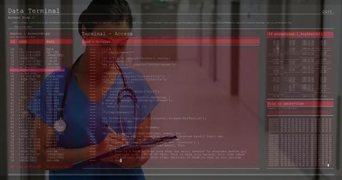 Indian Nurse with Tablet Overlay Navigating Digital Security in Hospital Corridor