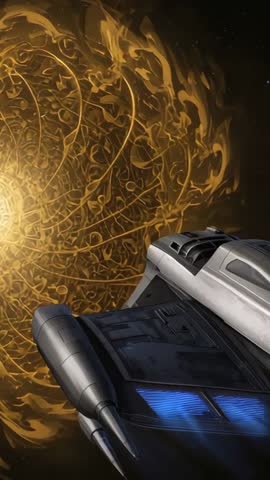 Spaceship Approaching Ornate Golden Energy Sphere in Deep Space Vertical Sci-Fi Video