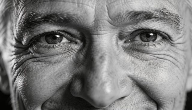 Closeup smiling senior man face with textured skin, deep wrinkles and bright eyes, black and white