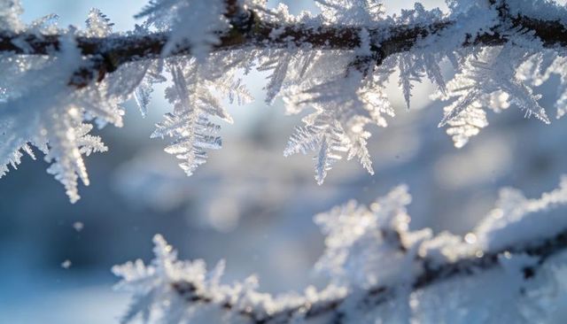 Macro frost crystals on twig showing fern-like hoarfrost formations with sunlight rim lighting