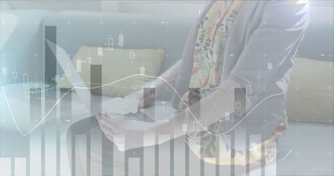 Woman Disinfecting Laptop with Digital Finance Interface Overlay